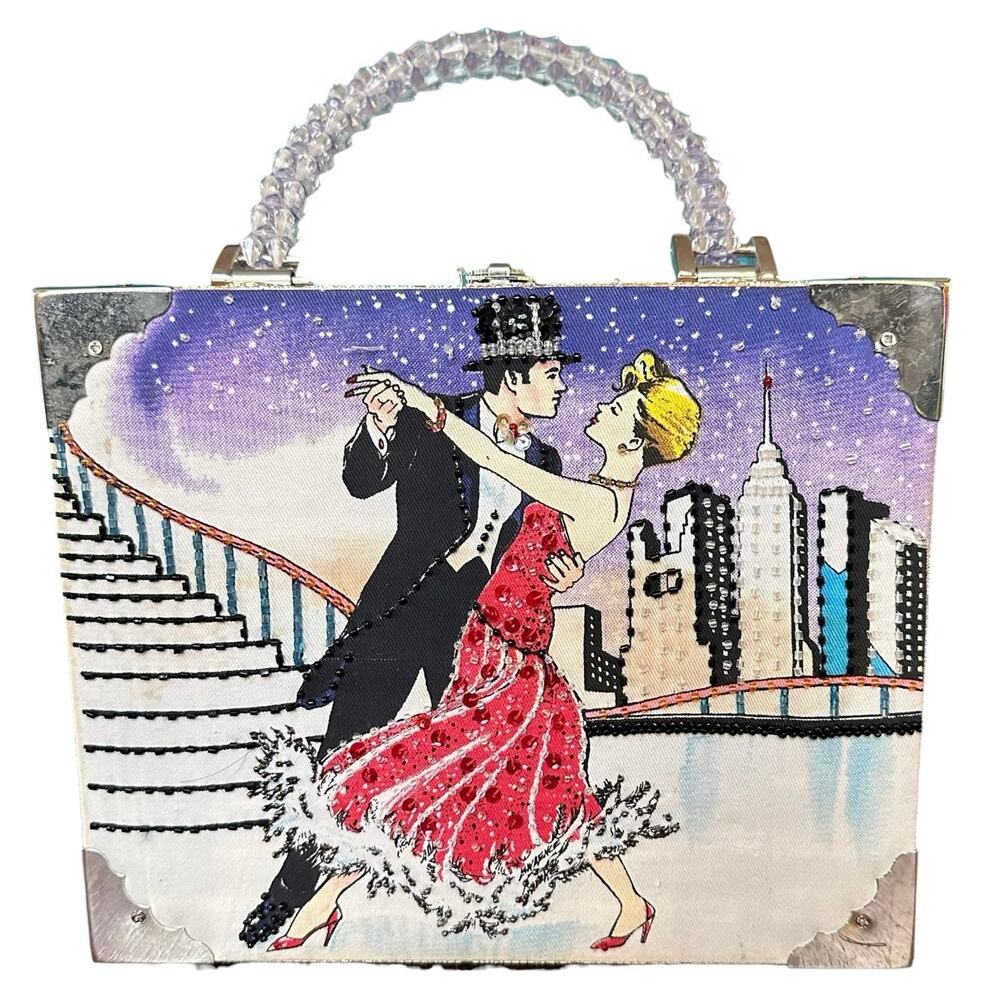 Vintage Handmade Cigar Box Purse Beaded Handle Dancing Couple Braciano Box Bag - Picture 1 of 11
